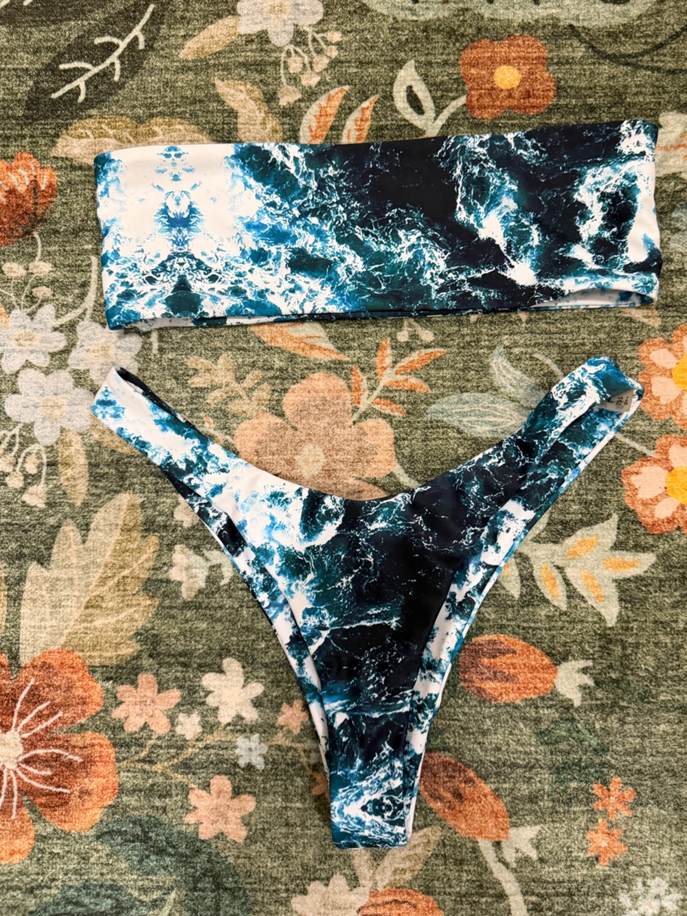 Ocean Wave Print Bikini Set - Blue & White